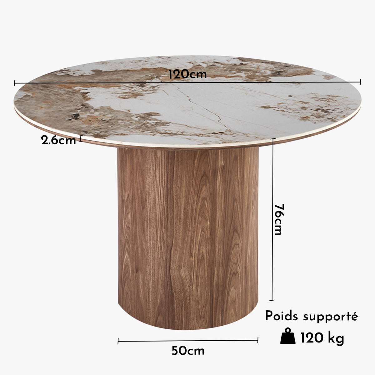 EVORA Table à manger ronde en pierre fritté blanc pieds couleur bois clair 120 cm - Mobilier Deco