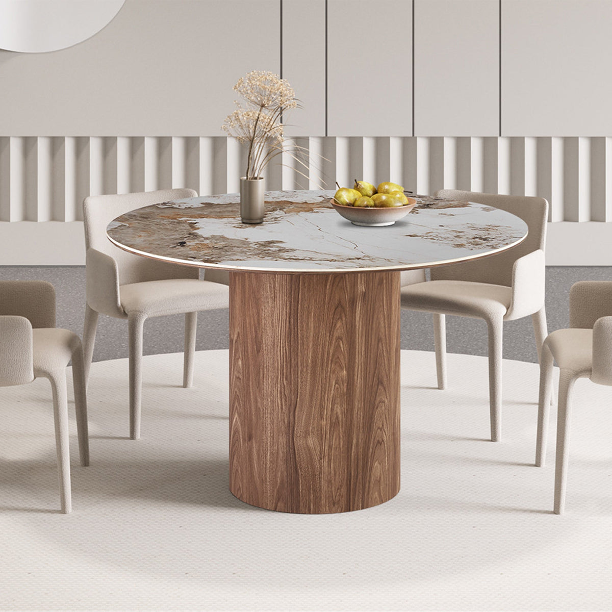 EVORA Table à manger ronde en pierre fritté blanc pieds couleur bois clair 120 cm - Mobilier Deco