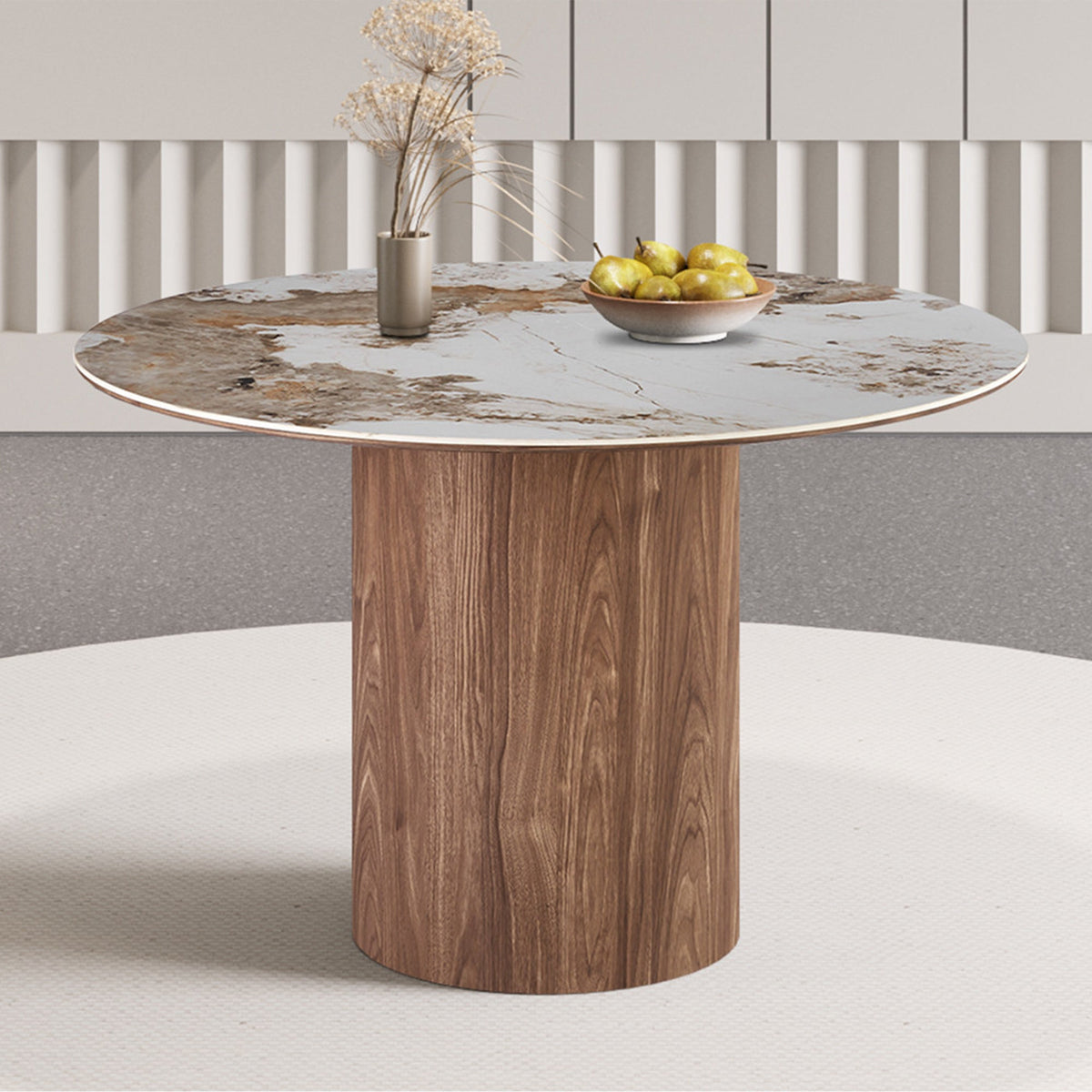 EVORA Table à manger ronde en pierre fritté blanc pieds couleur bois clair 120 cm - Mobilier Deco