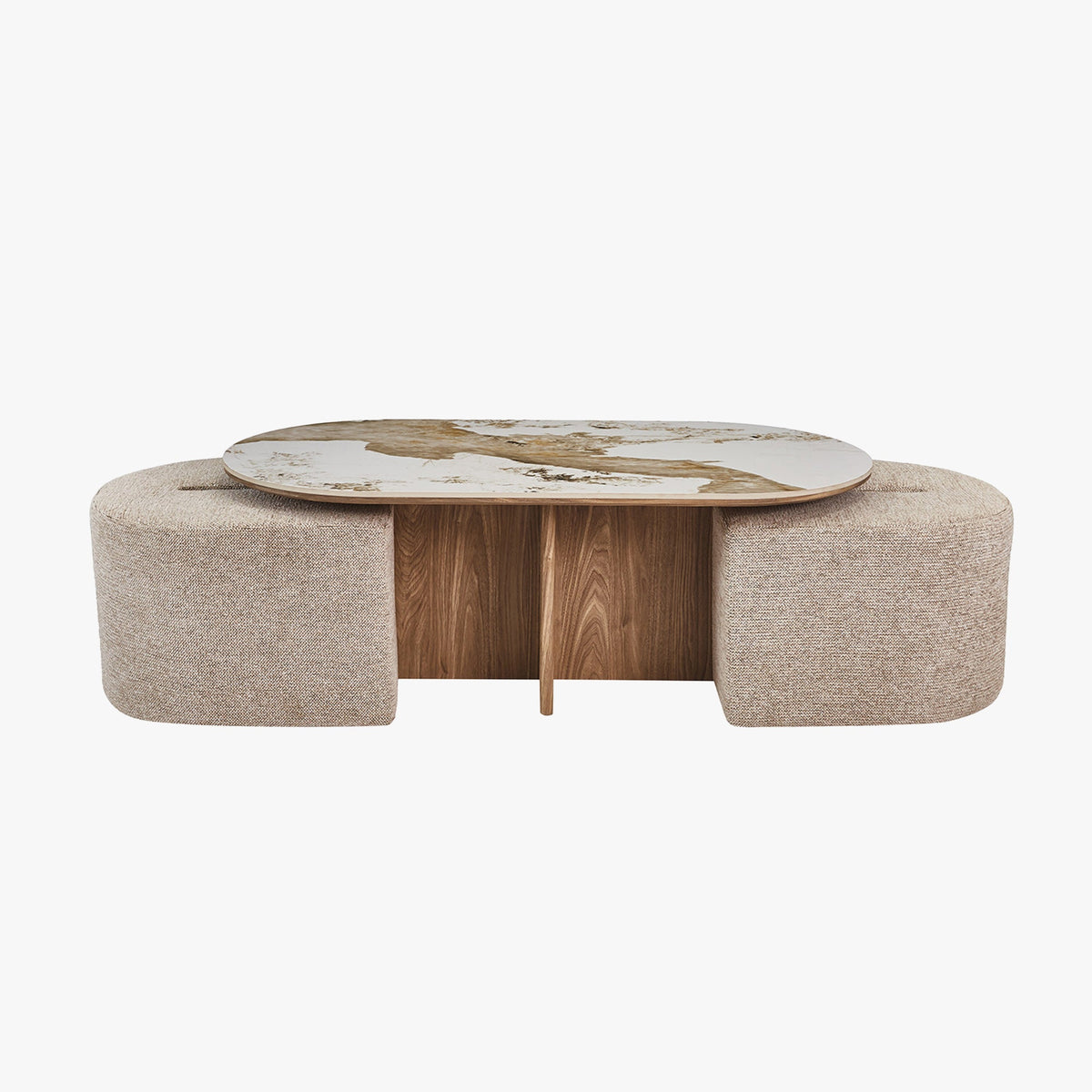 EVORA Table basse en pierre frittée blanc avec 2 poufs pieds couleur bois - Mobilier Deco