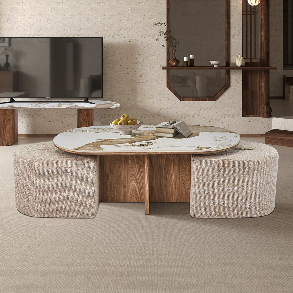 EVORA Table basse en pierre frittée blanc avec 2 poufs pieds couleur bois - Mobilier Deco