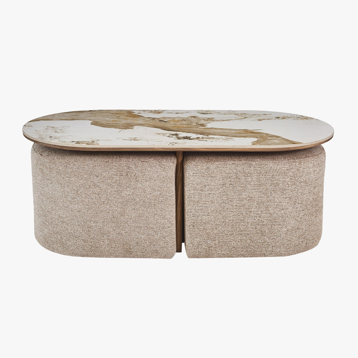 EVORA Table basse en pierre frittée blanc avec 2 poufs pieds couleur bois - Mobilier Deco