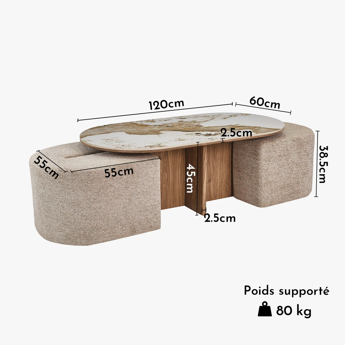 EVORA Table basse en pierre frittée blanc avec 2 poufs pieds couleur bois - Mobilier Deco