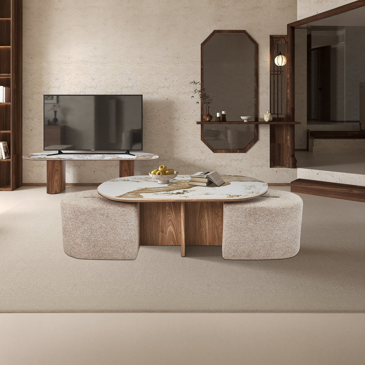 EVORA Table basse en pierre frittée blanc avec 2 poufs pieds couleur bois - Mobilier Deco