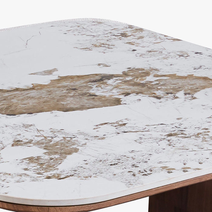 EVORA Table basse en pierre frittée blanc avec 4 poufs pieds couleur bois