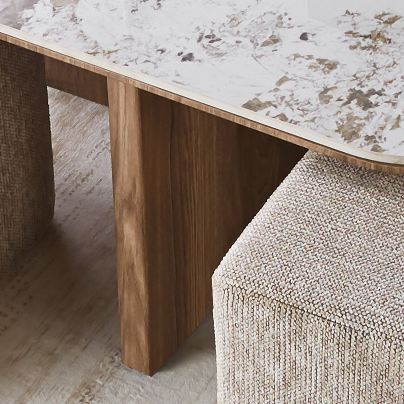 EVORA Table basse en pierre frittée blanc avec 4 poufs pieds couleur bois - Table basse - Mobilier Deco