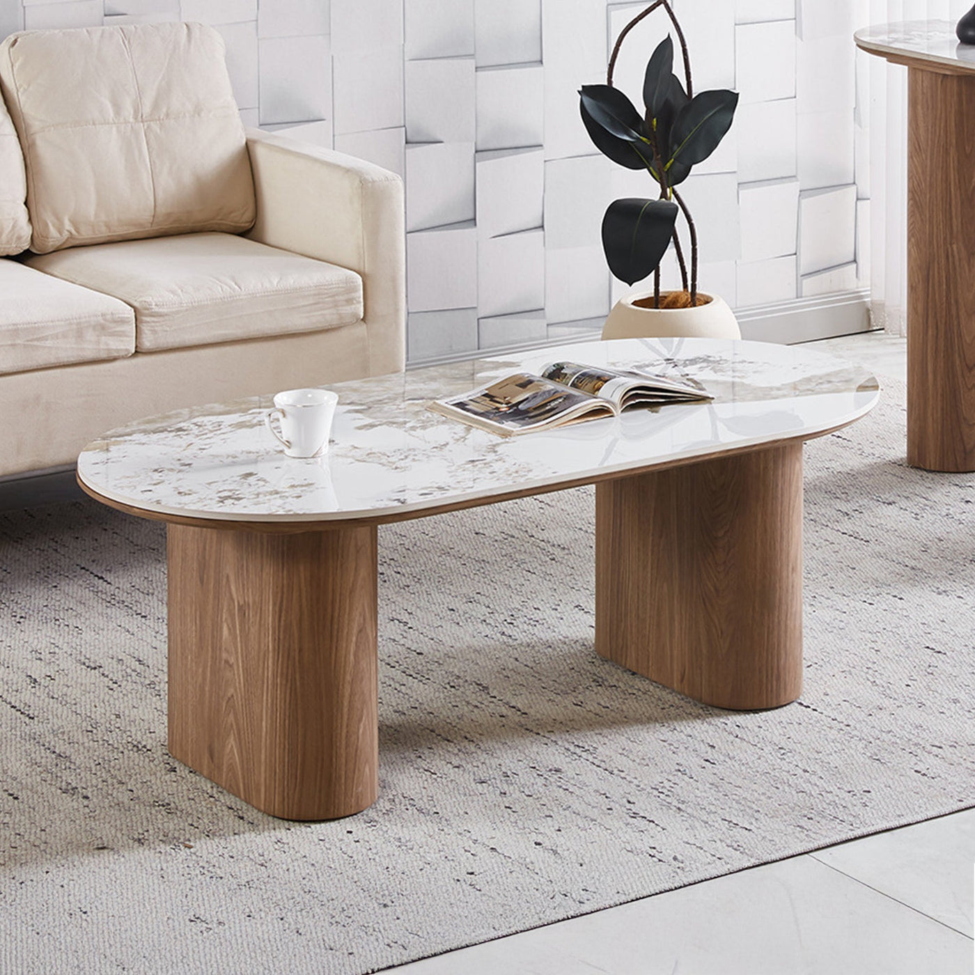 EVORA Table basse en pierre frittée blanc pieds couleur bois clair - Table basse - Mobilier Deco