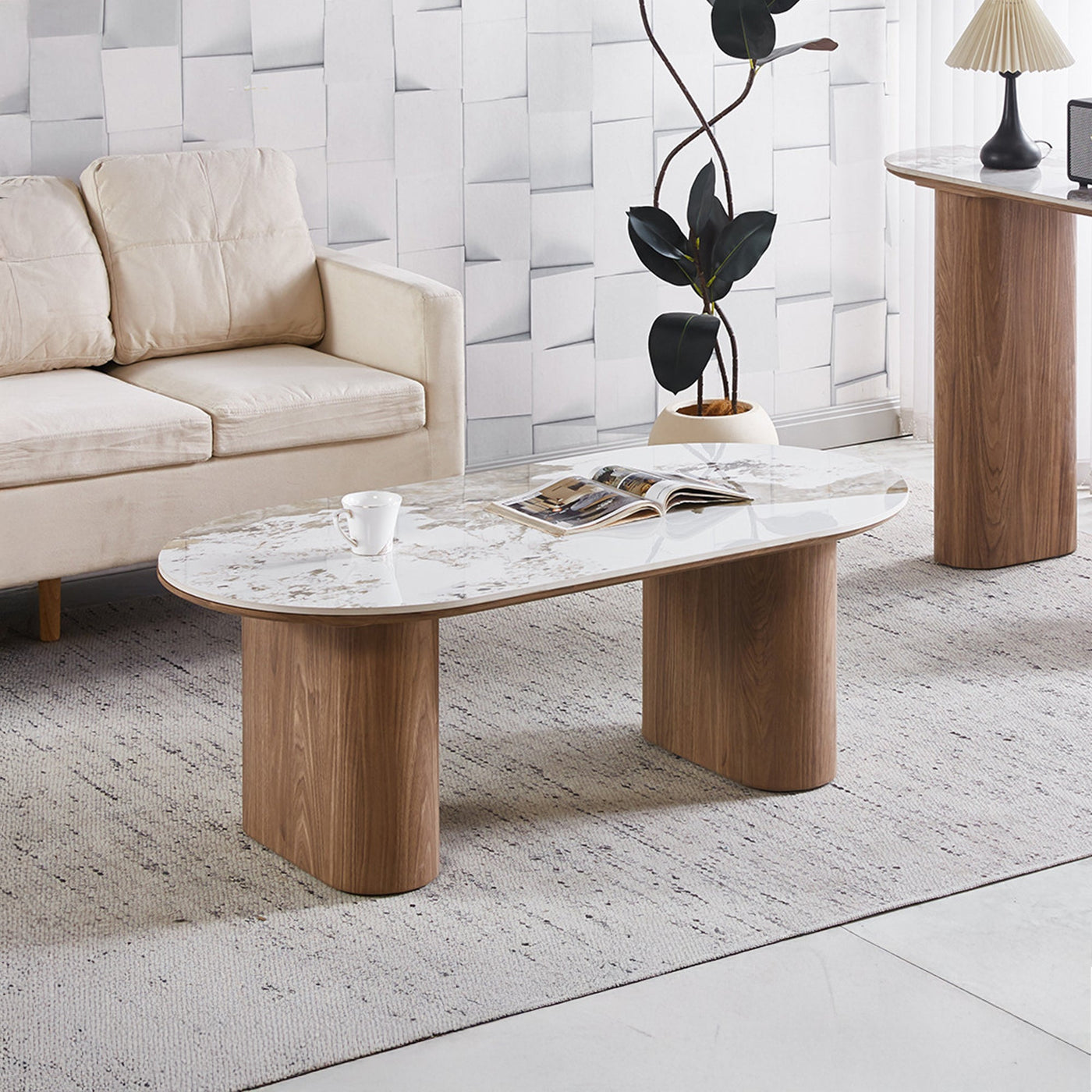 EVORA Table basse en pierre frittée blanc pieds couleur bois clair - Table basse - Mobilier Deco