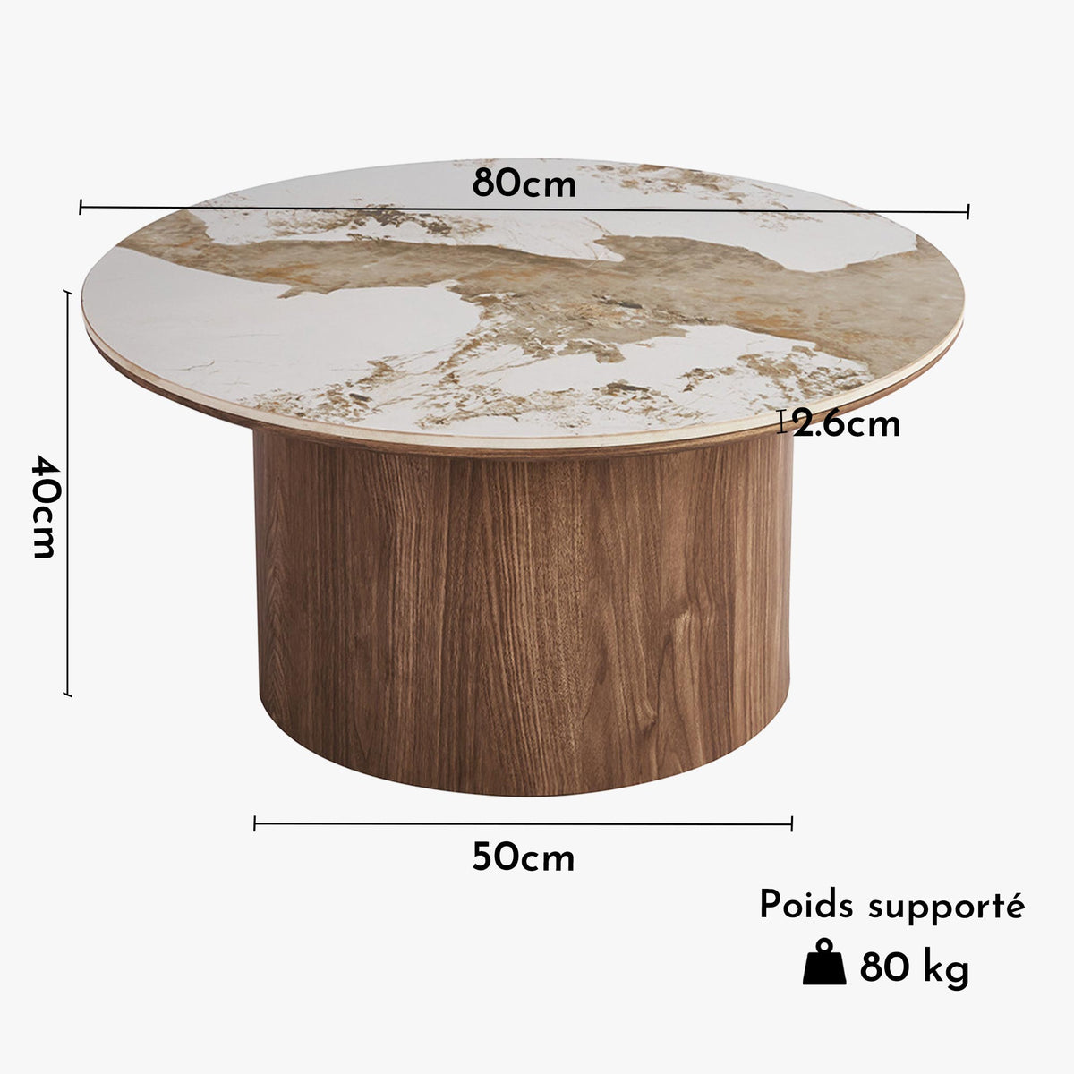 EVORA Table basse ronde en pierre frittée blanc pieds couleur bois clair D80 cm - Mobilier Deco