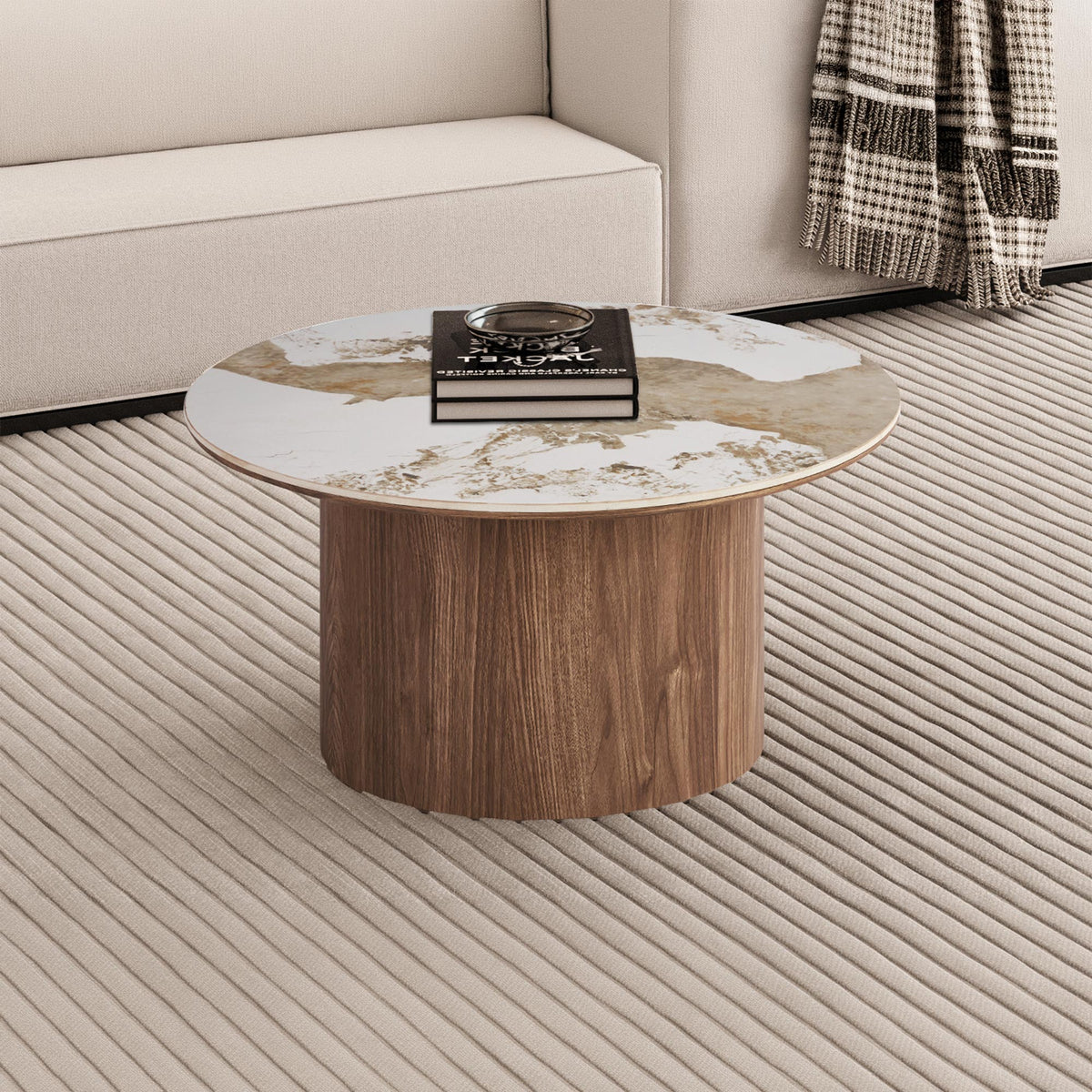 EVORA Table basse ronde en pierre frittée blanc pieds couleur bois clair D80 cm - Mobilier Deco