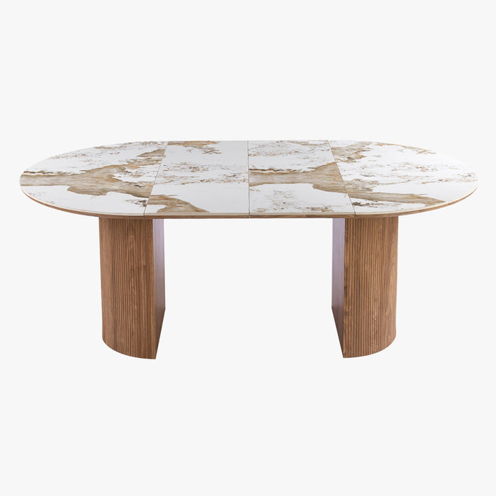 EVORA XL Table à manger extensible en pierre fritté blanc pieds couleur bois clair 120-200 cm – vue 2