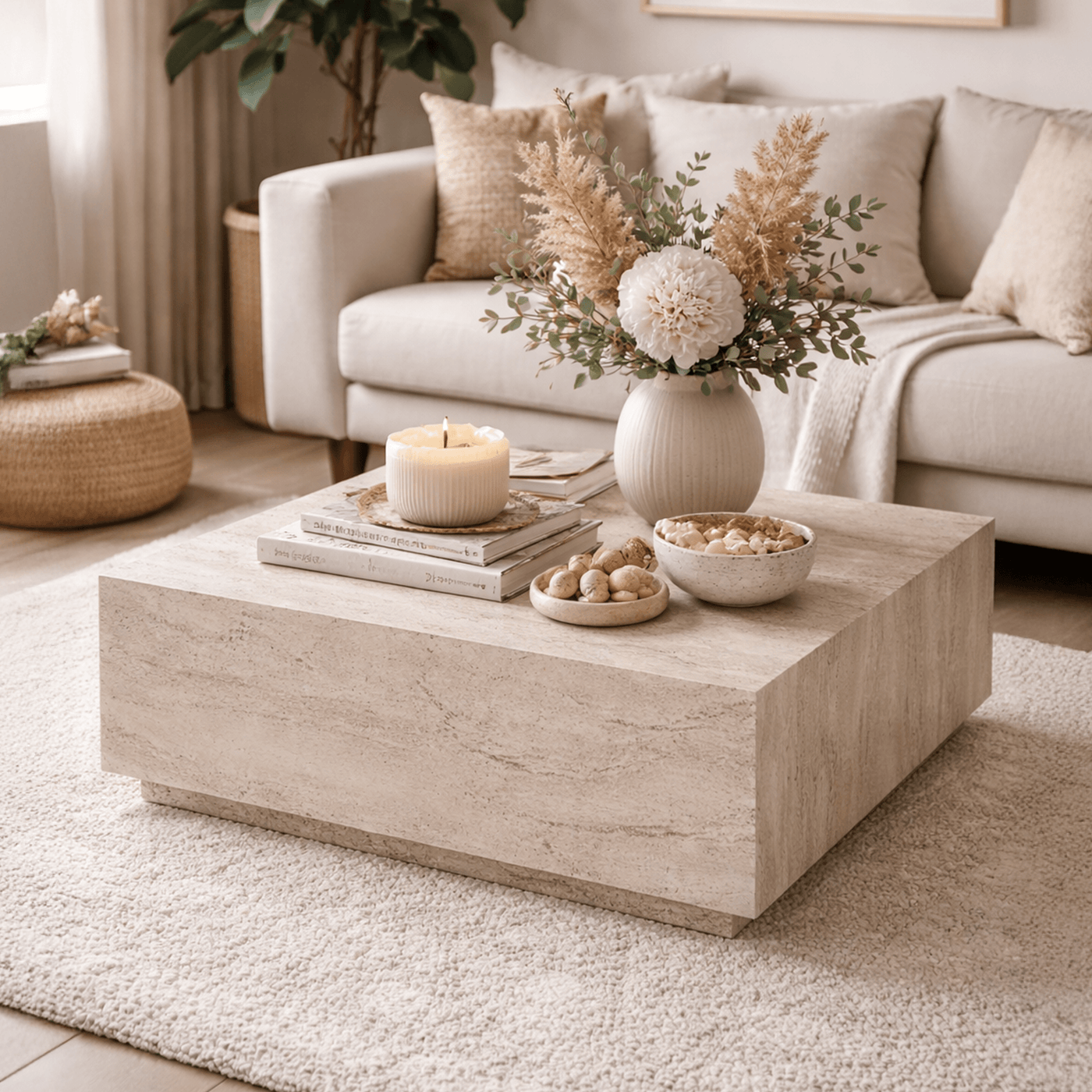 EYRA Table basse carrée beige 90 cm - Table basse - Mobilier Deco