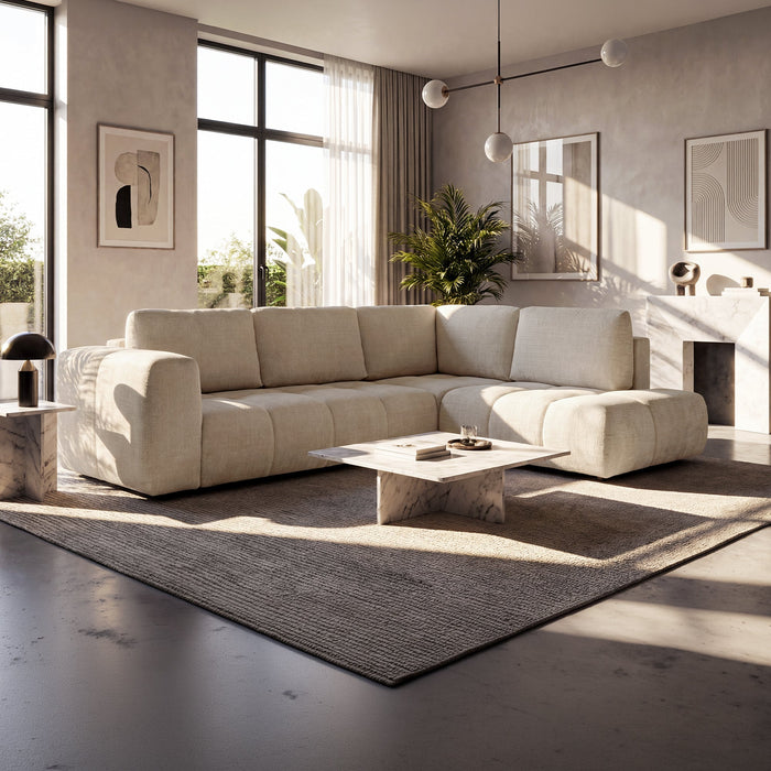 FANY Canapé d'angle convertible en tissu beige - Angle droit