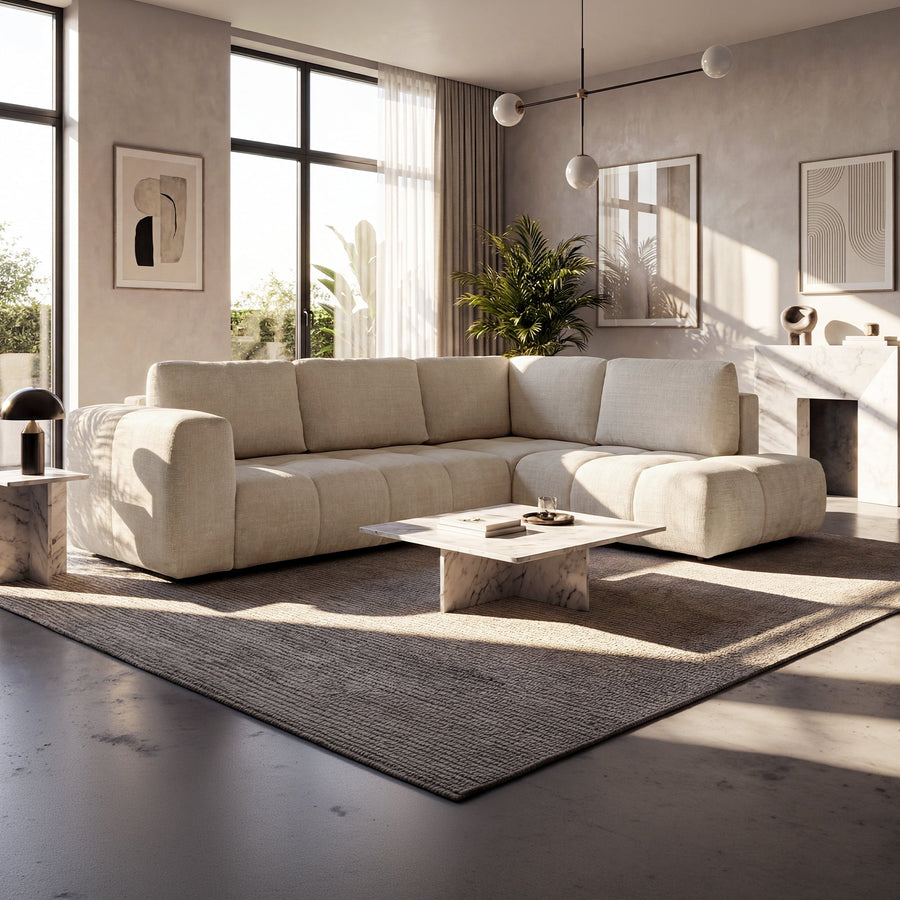 FANY Canapé d'angle convertible en tissu beige - Angle droit — aperçu vidéo
