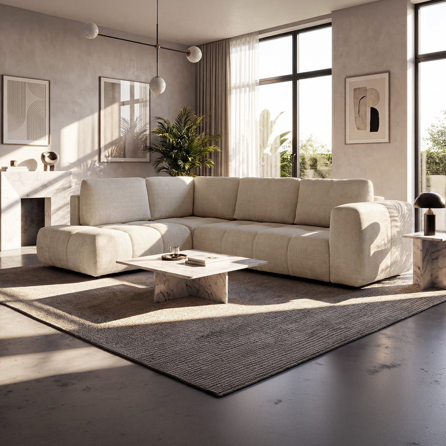 FANY Canapé d'angle convertible en tissu beige - Angle gauche — aperçu vidéo