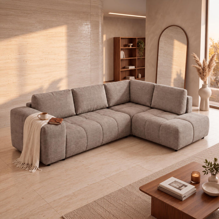 FANY Canapé d'angle convertible en tissu taupe - Angle droit