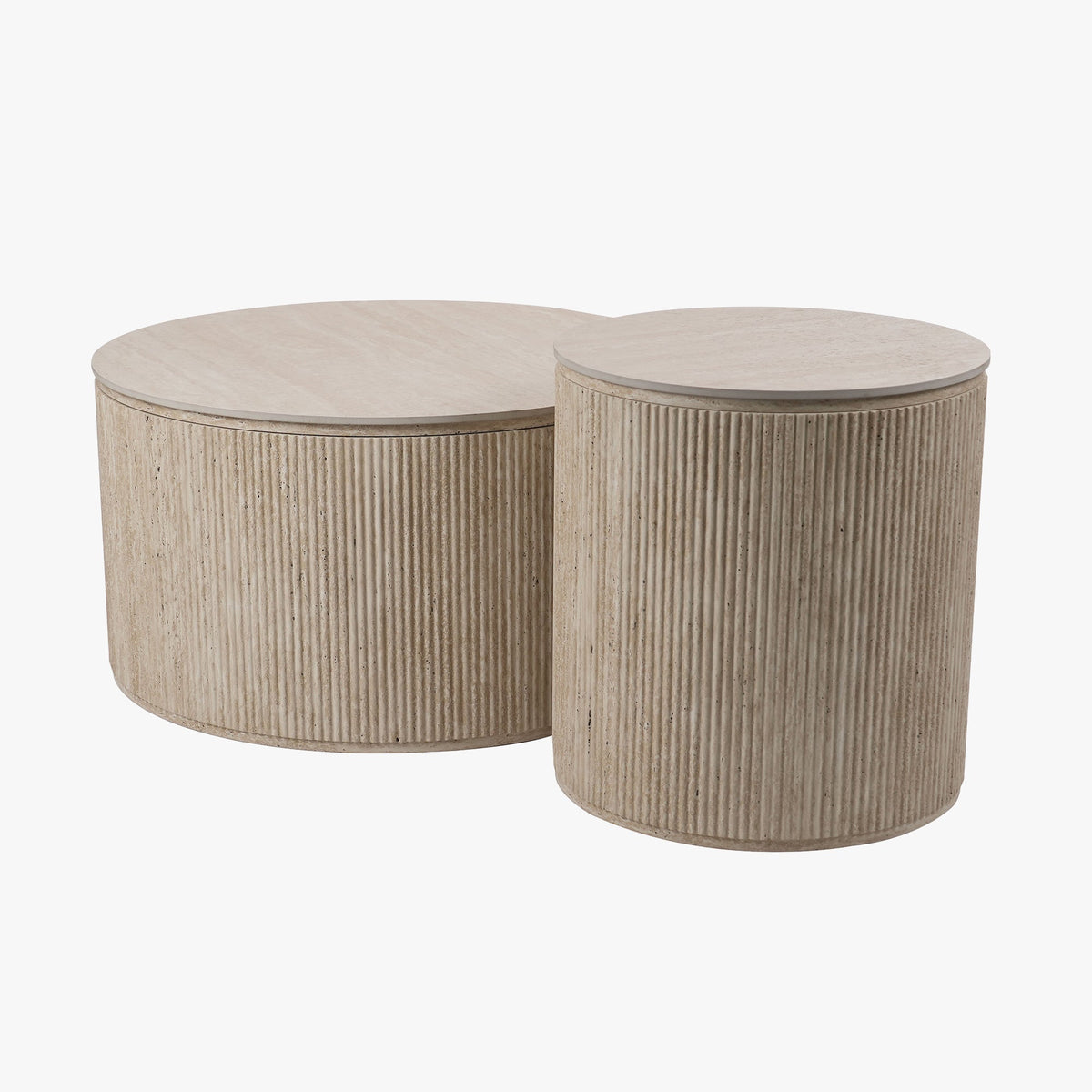 FARA Lot de 2 tables basses rondes plateau en céramique beige - Table basse - Mobilier Deco