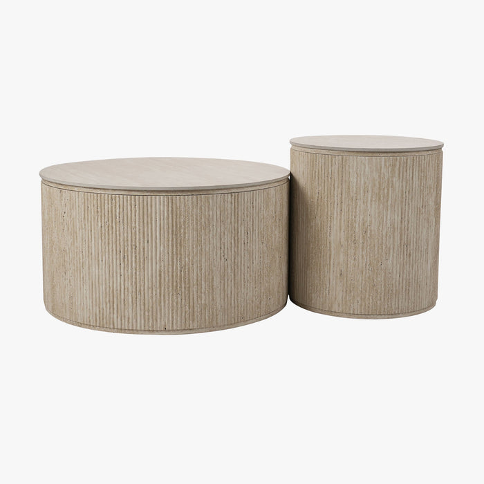 FARA Lot de 2 tables basses rondes plateau en céramique beige