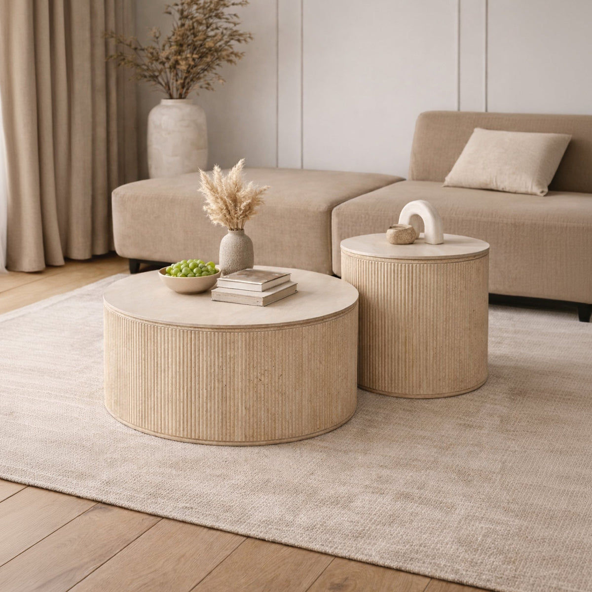 FARA Lot de 2 tables basses rondes plateau en céramique beige - Table basse - Mobilier Deco