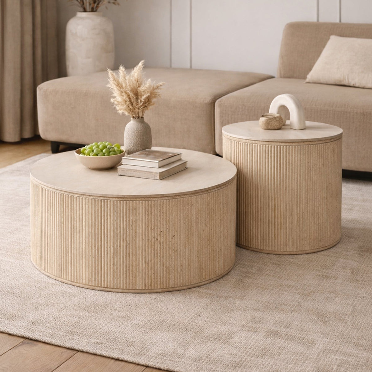 FARA Lot de 2 tables basses rondes plateau en céramique beige - Table basse - Mobilier Deco