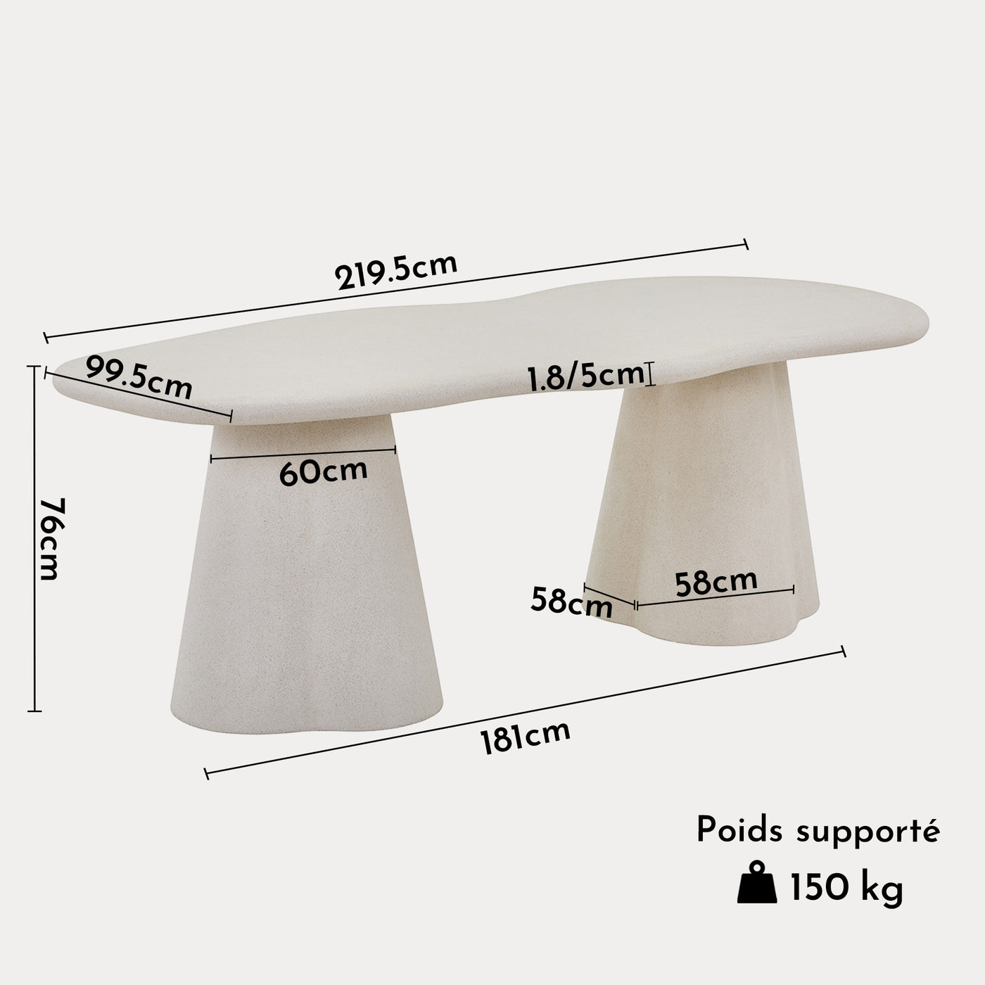 FARO XL Table à manger couleur ciment 220 cm