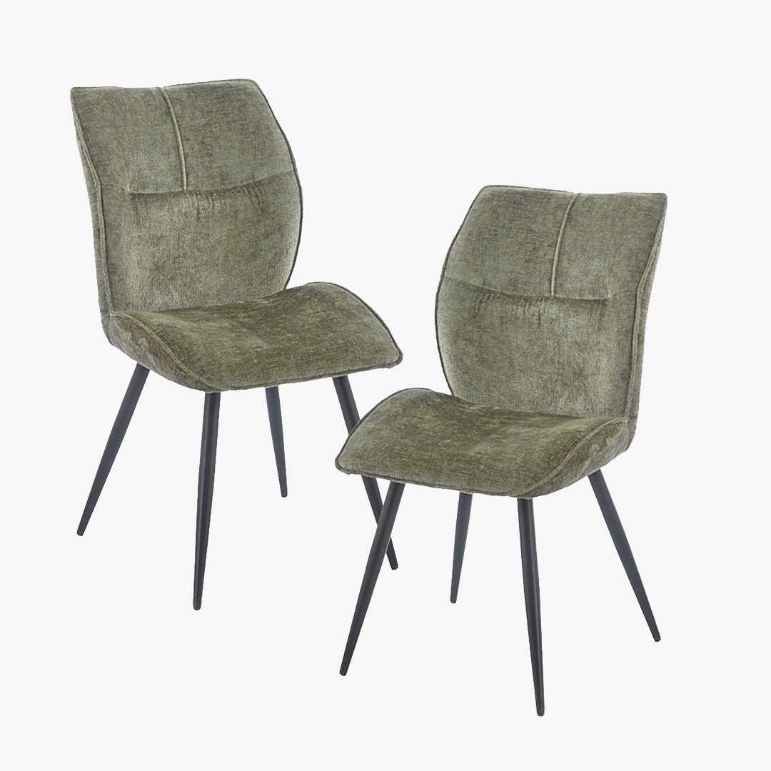 FAYE Lot de 2 chaises en tissu vert pieds en métal noir - Chaise de repas - Mobilier Deco
