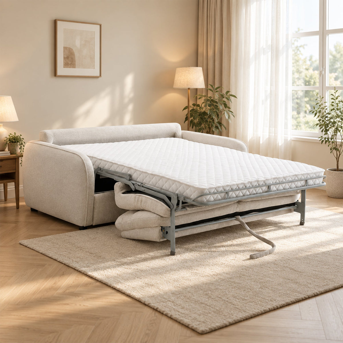 FELYA Canapé 3 places convertible matelas 12 cm en tissu écru - Canapés convertibles - Mobilier Deco