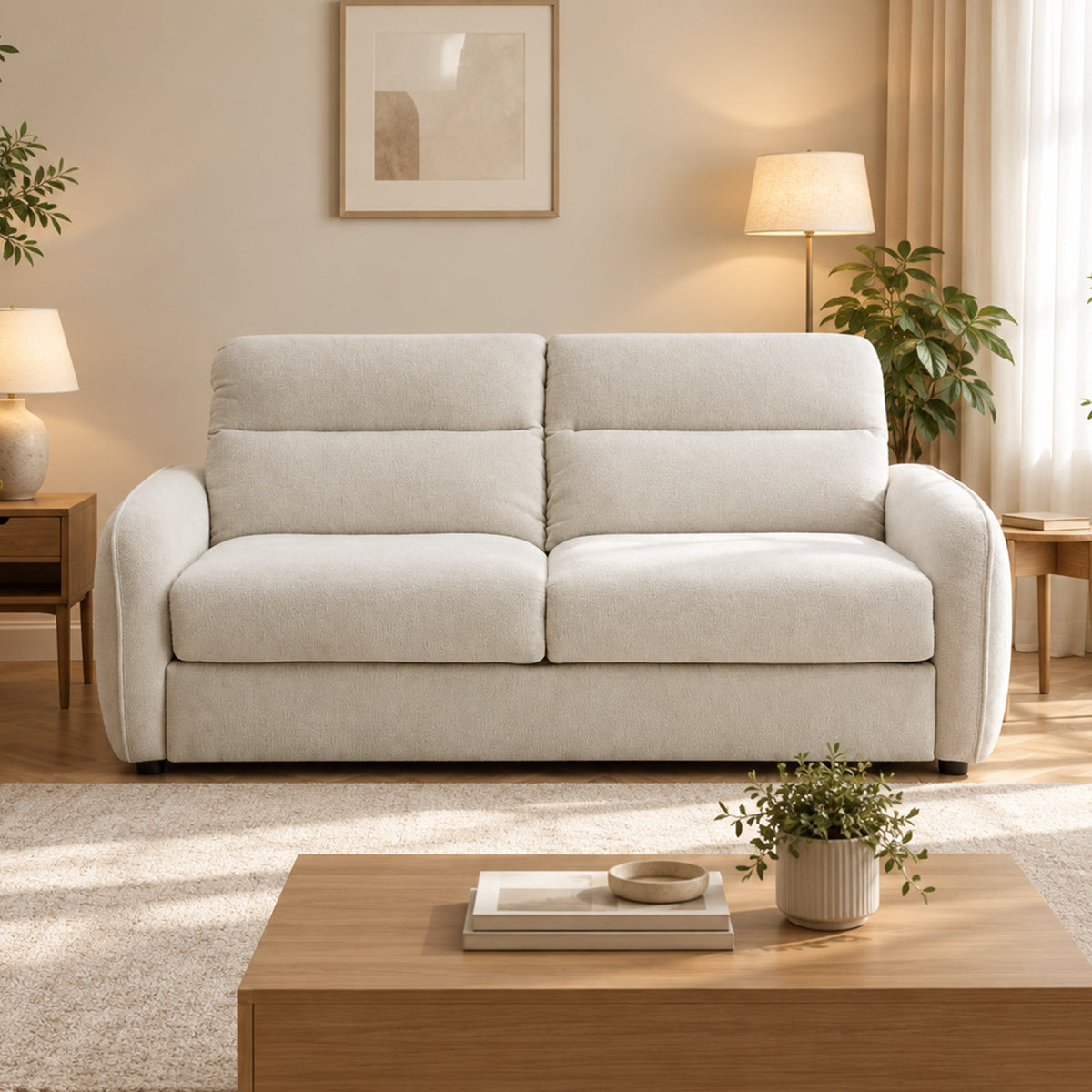 FELYA Canapé 3 places convertible matelas 12 cm en tissu écru - Canapés convertibles - Mobilier Deco
