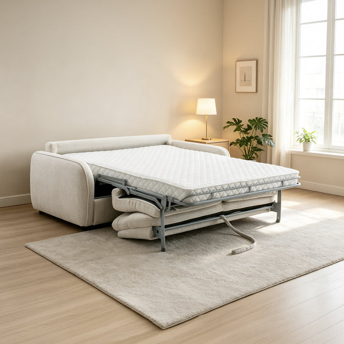 FELYA Canapé 3 places convertible matelas 12 cm en tissu écru