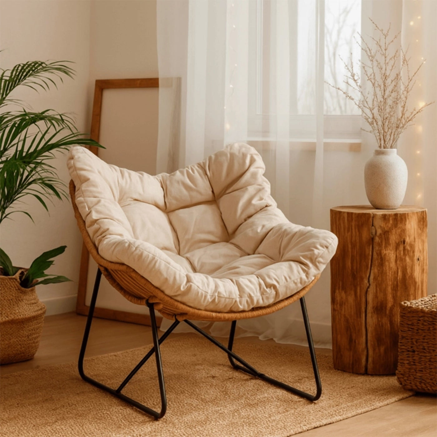 FINN Fauteuil de jardin beige pieds en métal noir - Mobilier de jardin - Mobilier Deco