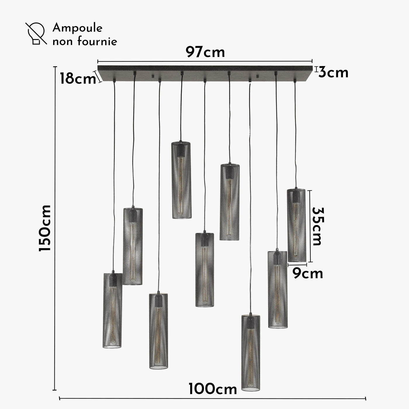 GINO Suspension en tube 9 lampes ajustables en métal noir 100x150 cm - Luminaires - Mobilier Deco