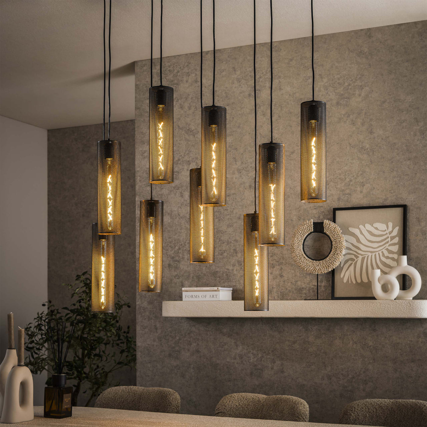 GINO Suspension en tube 9 lampes ajustables en métal noir 100x150 cm