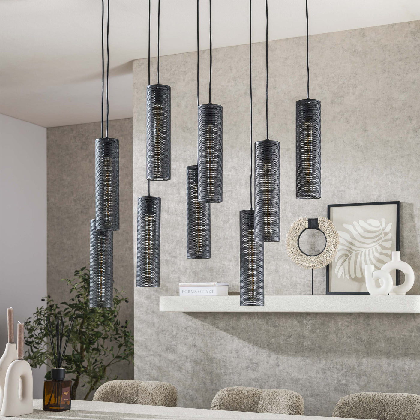 GINO Suspension en tube 9 lampes ajustables en métal noir 100x150 cm