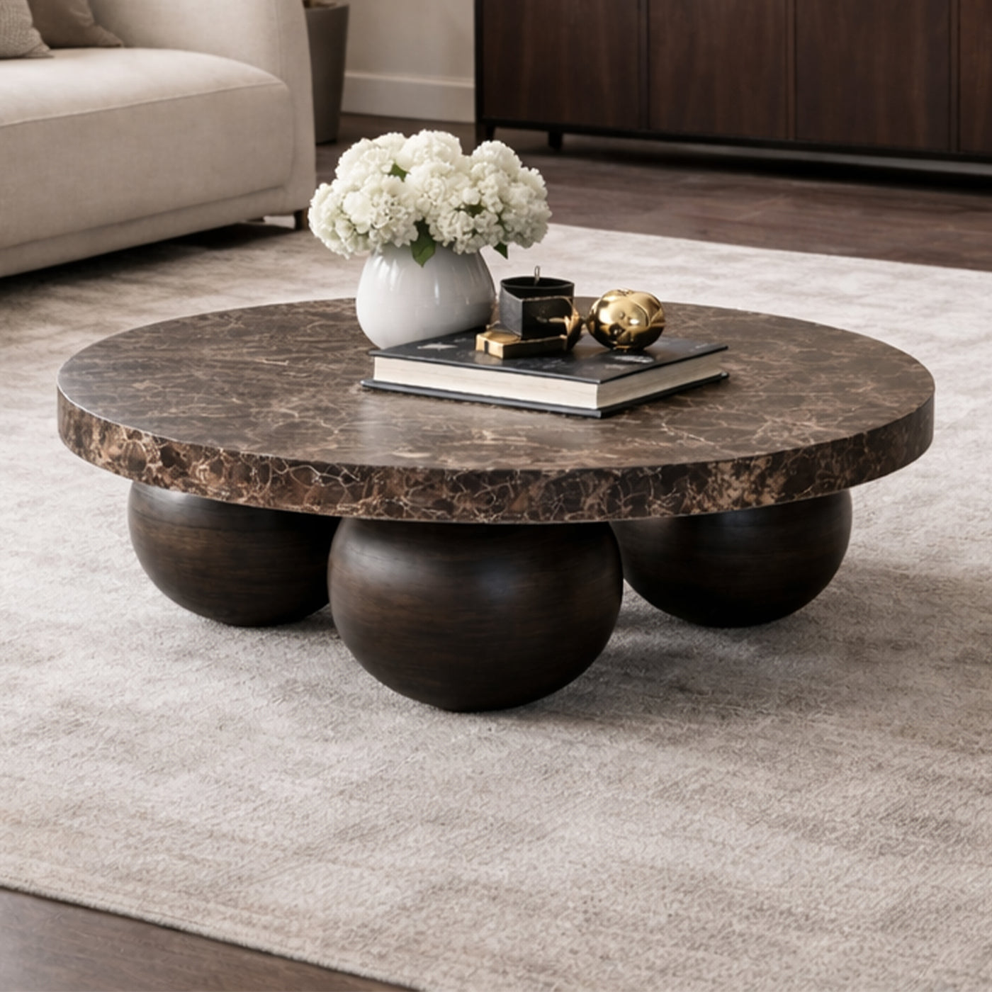 GIORGIA Table basse en marbre d'ingénierie marron pieds rond bois massif noir