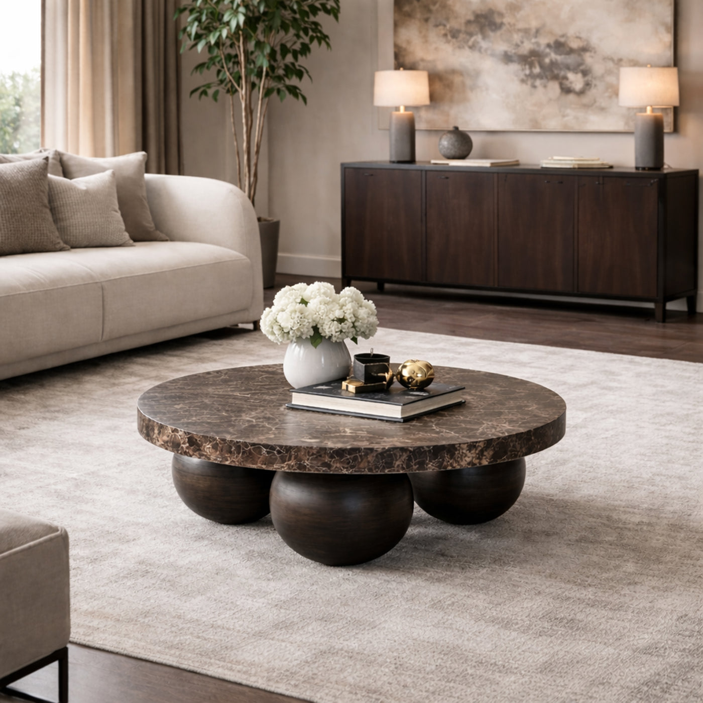 GIORGIA Table basse en marbre d'ingénierie marron pieds rond bois massif noir
