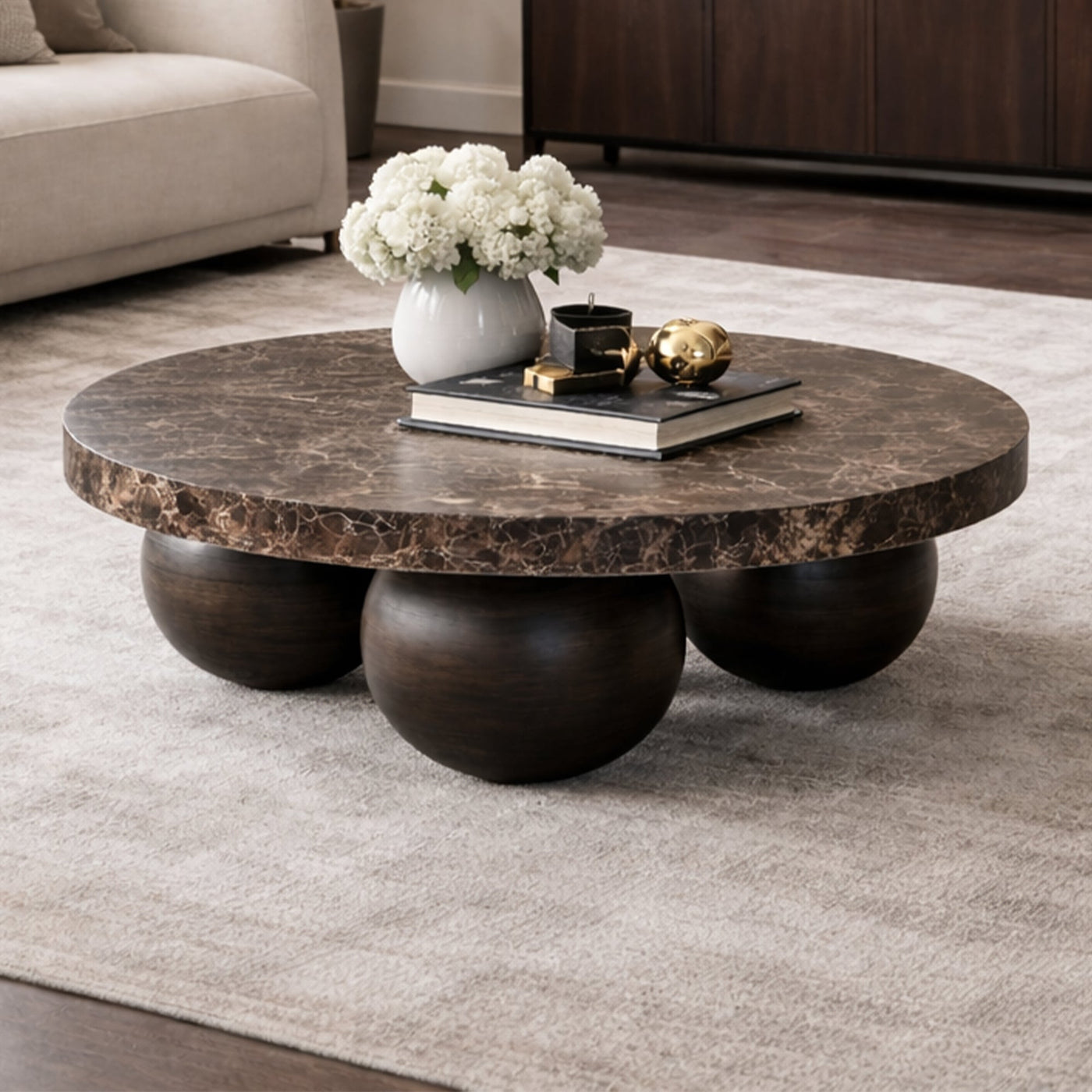 GIORGIA Table basse en marbre d'ingénierie marron pieds rond bois massif noir - Table basse - Mobilier Deco