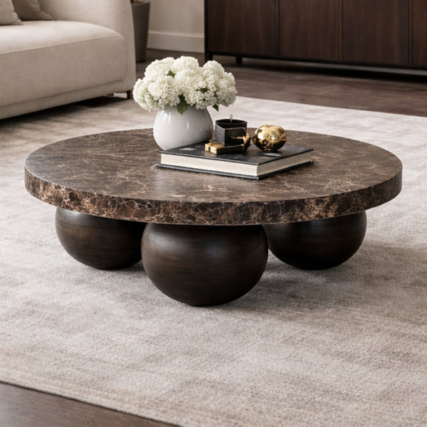 GIORGIA Table basse en marbre d'ingénierie marron pieds rond bois massif noir