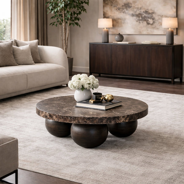 GIORGIA Table basse en marbre d'ingénierie marron pieds rond bois massif noir