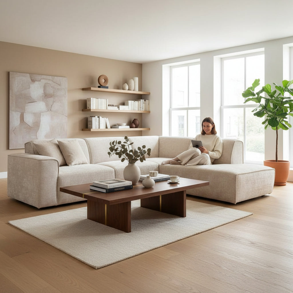 GIULIA XL Canapé d'angle en tissu beige - Angle droit