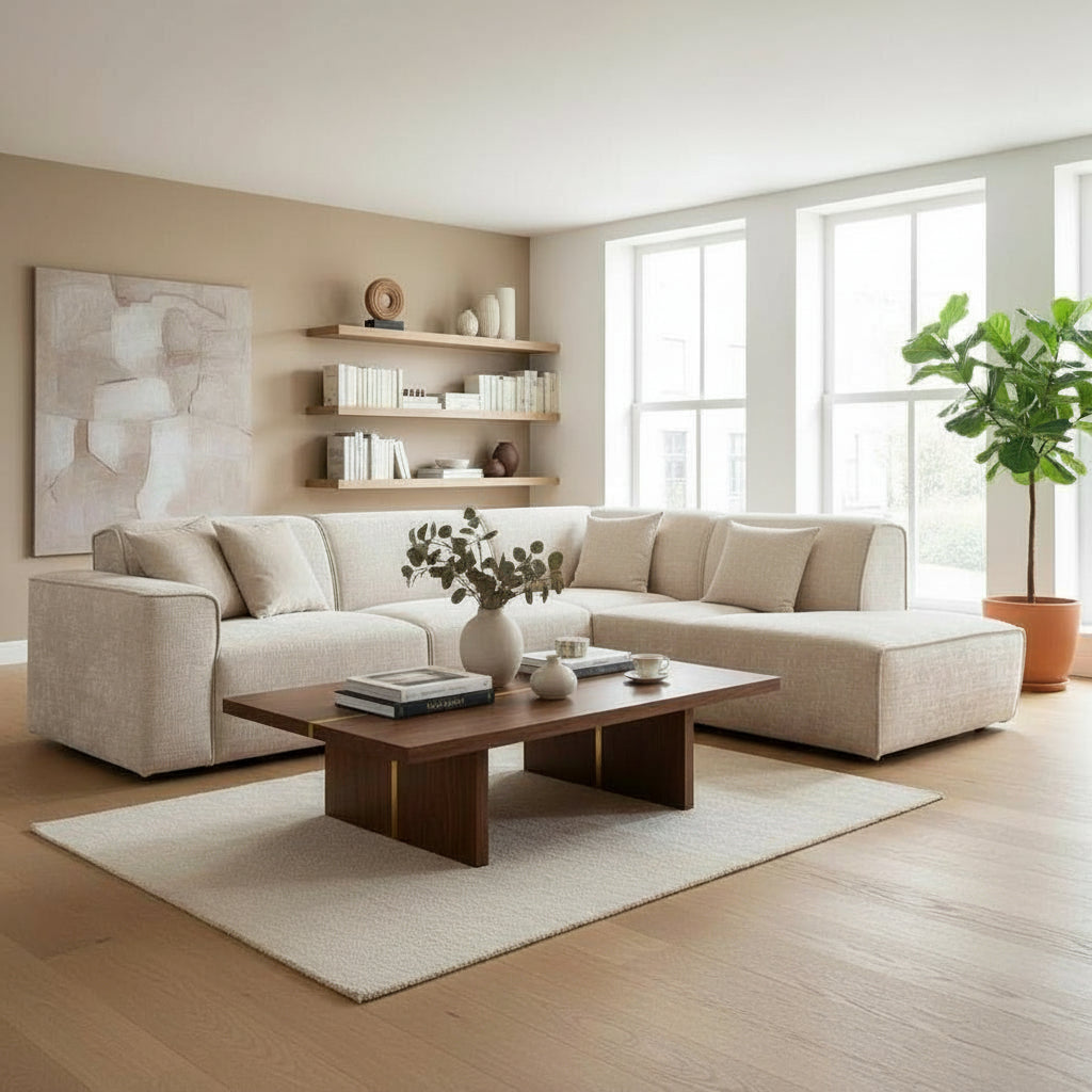 GIULIA XL Canapé d'angle en tissu beige - Angle droit
