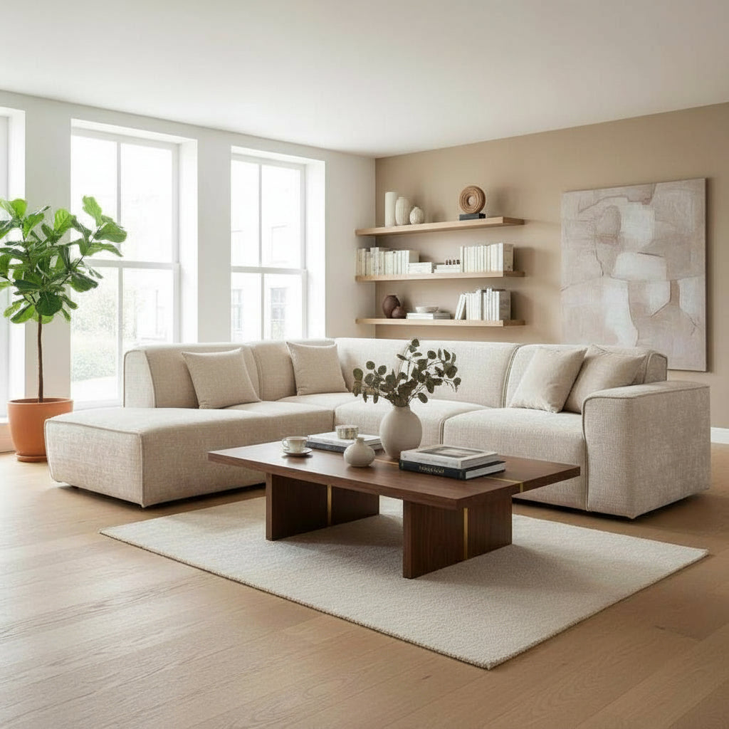 GIULIA XL Canapé d'angle en tissu beige - Angle gauche
