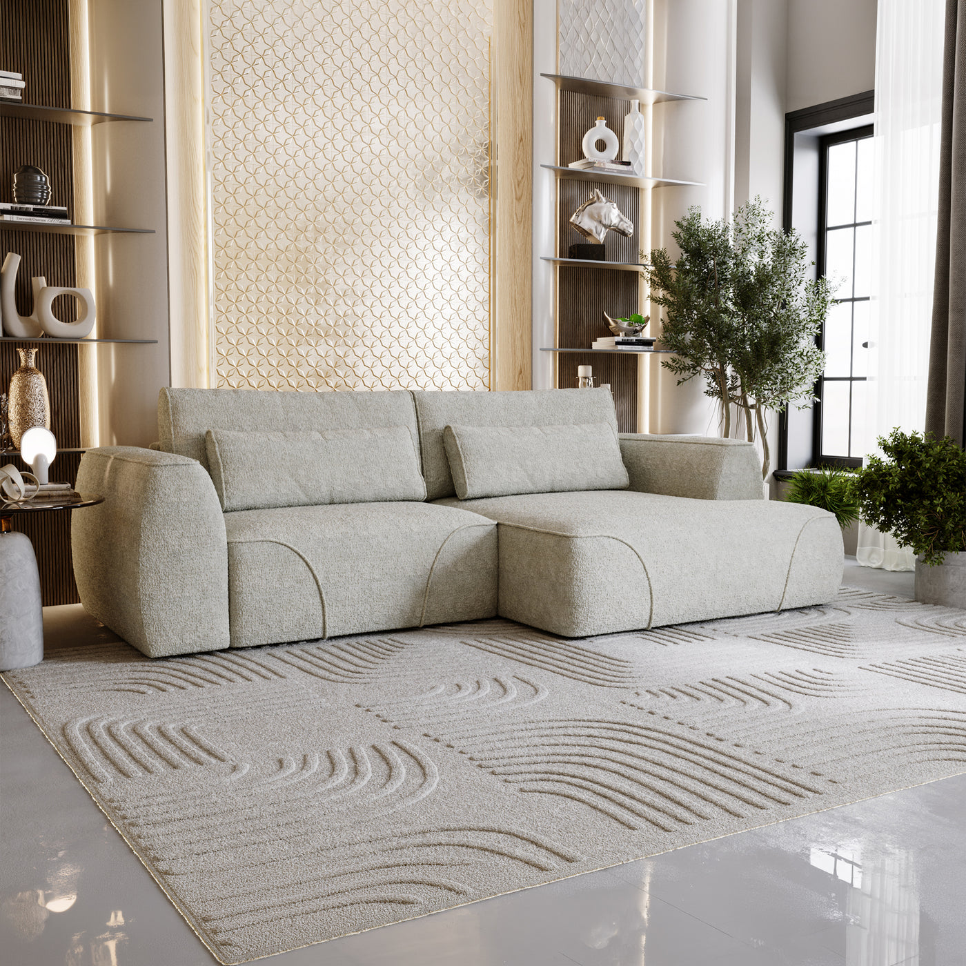 GRACE Canapé d'angle convertible avec coffre en tissu beige - Angle droit