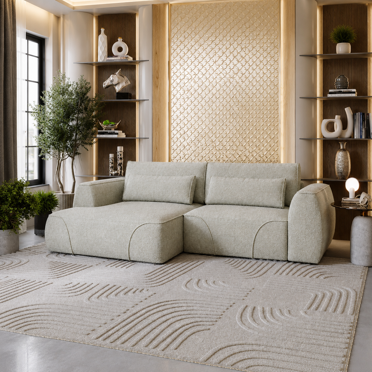GRACE Canapé d'angle convertible avec coffre en tissu beige - Angle gauche