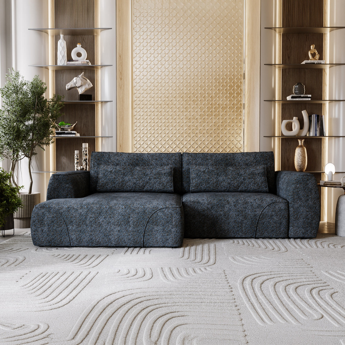 GRACE Canapé d'angle convertible avec coffre en tissu bleu - Angle gauche