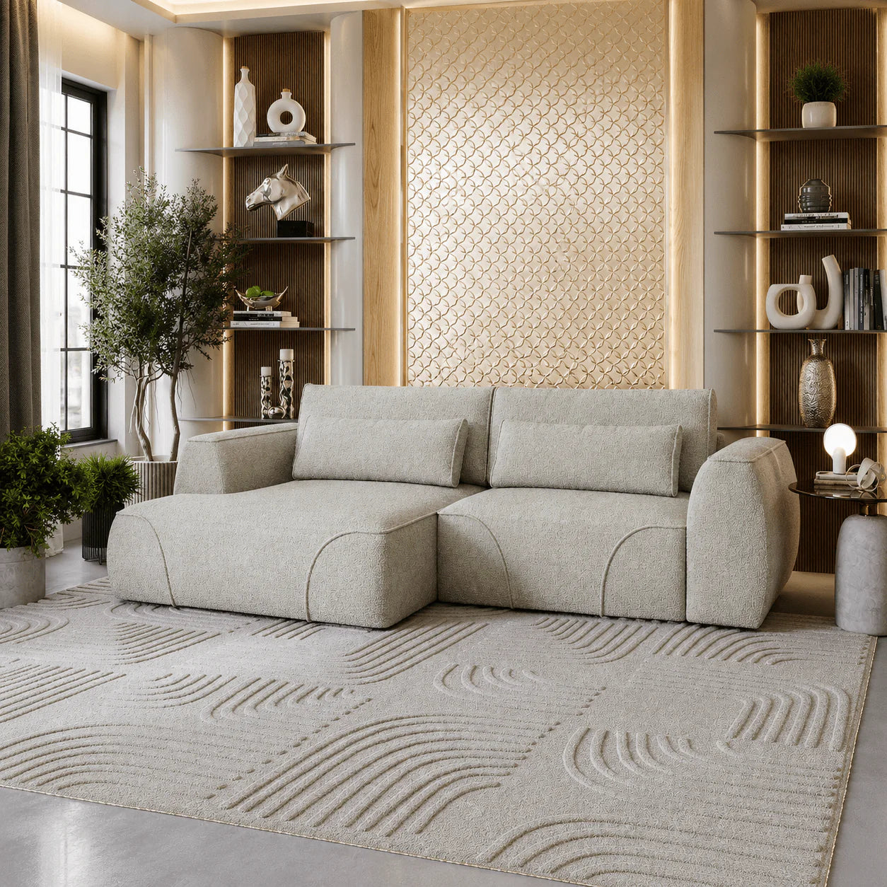 GRACE - Canapés d'angle convertibles avec coffre en tissu, angle droit ou gauche