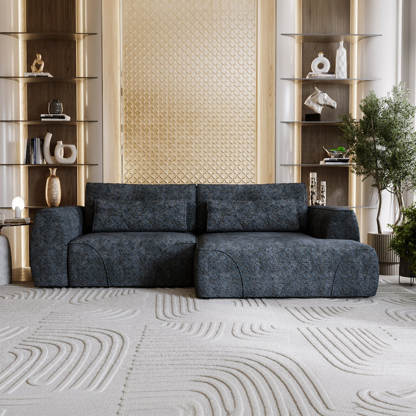 GRACE Canapé d'angle convertible avec coffre en tissu bleu - Angle droit - Canapé d'angle convertible - Mobilier Deco