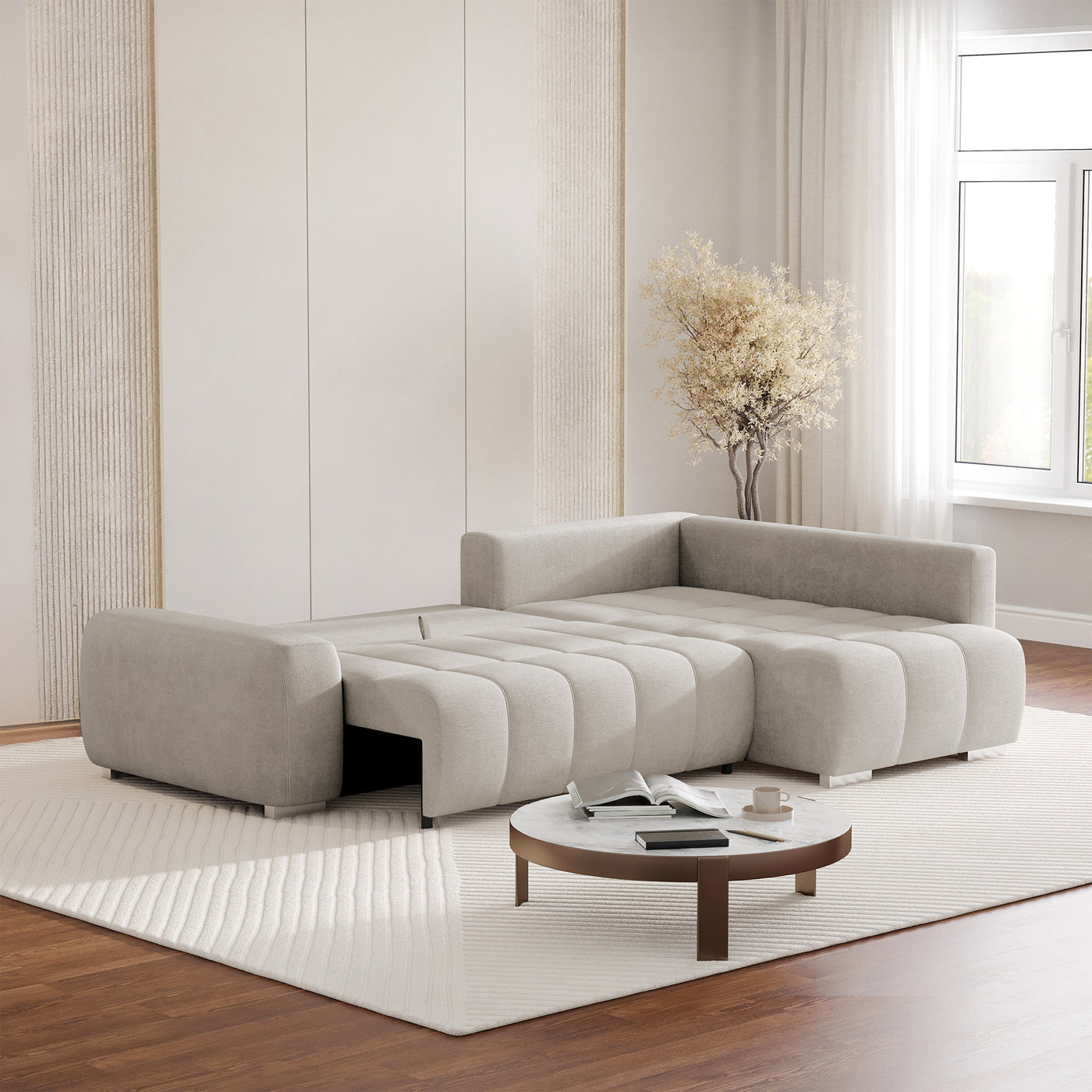 GYLIAN Canapé d'angle réversible et convertible avec coffre en tissu beige