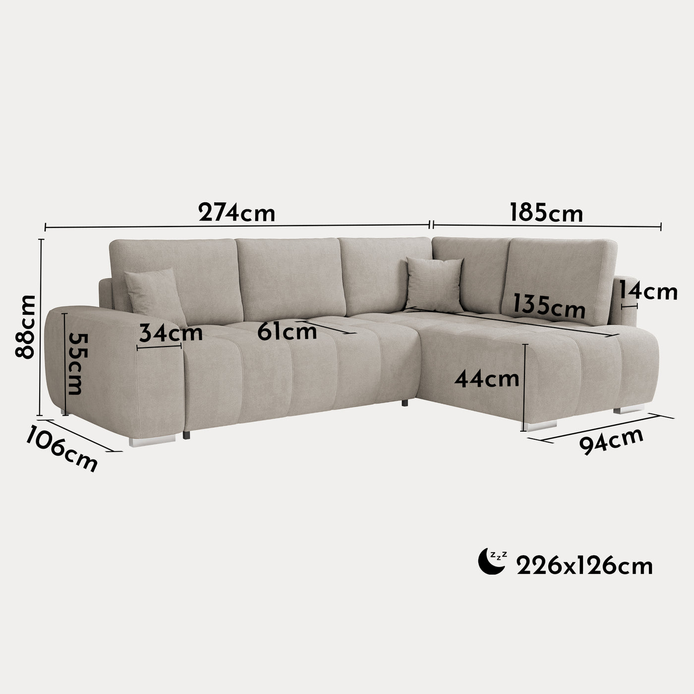 GYLIAN Canapé d'angle réversible et convertible avec coffre en tissu beige