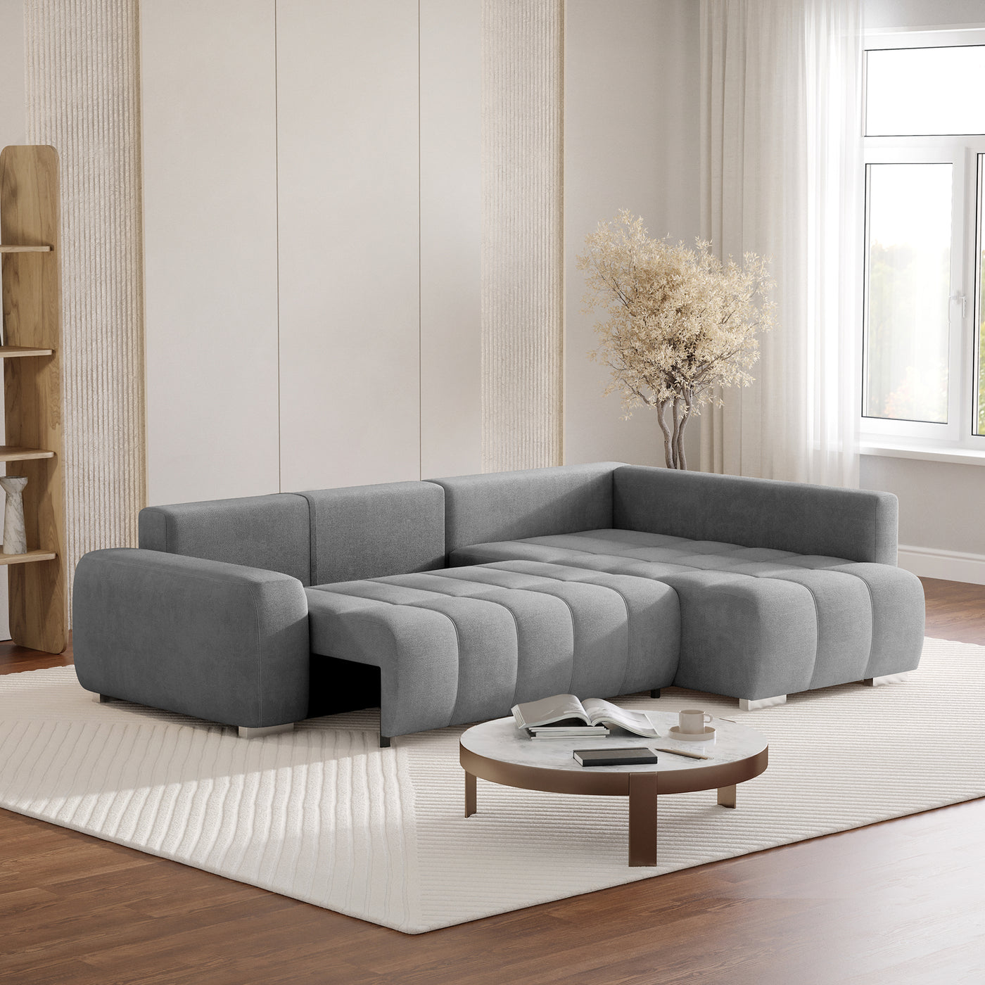 GYLIAN Canapé d'angle réversible et convertible avec coffre en tissu gris