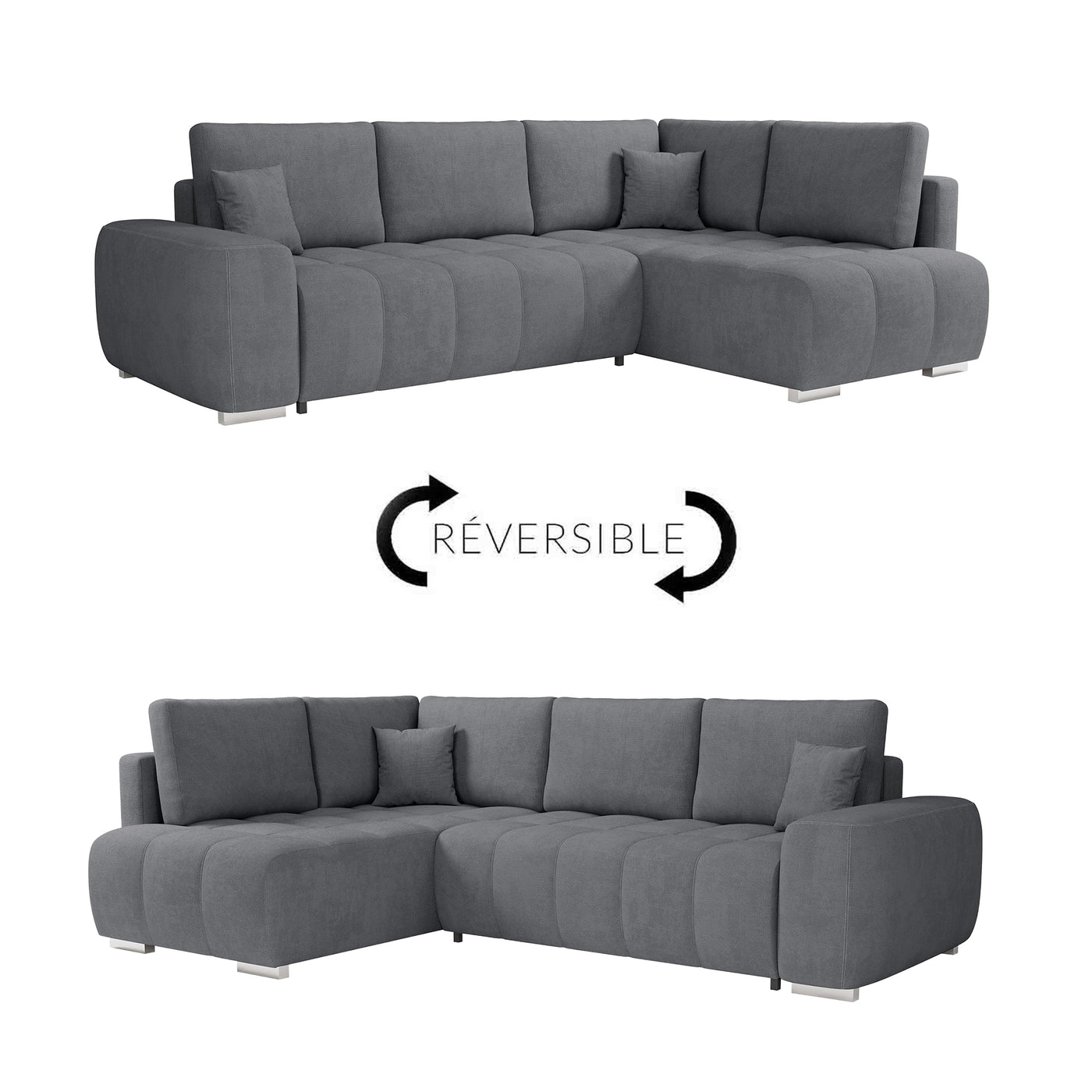 GYLIAN Canapé d'angle réversible et convertible avec coffre en tissu gris